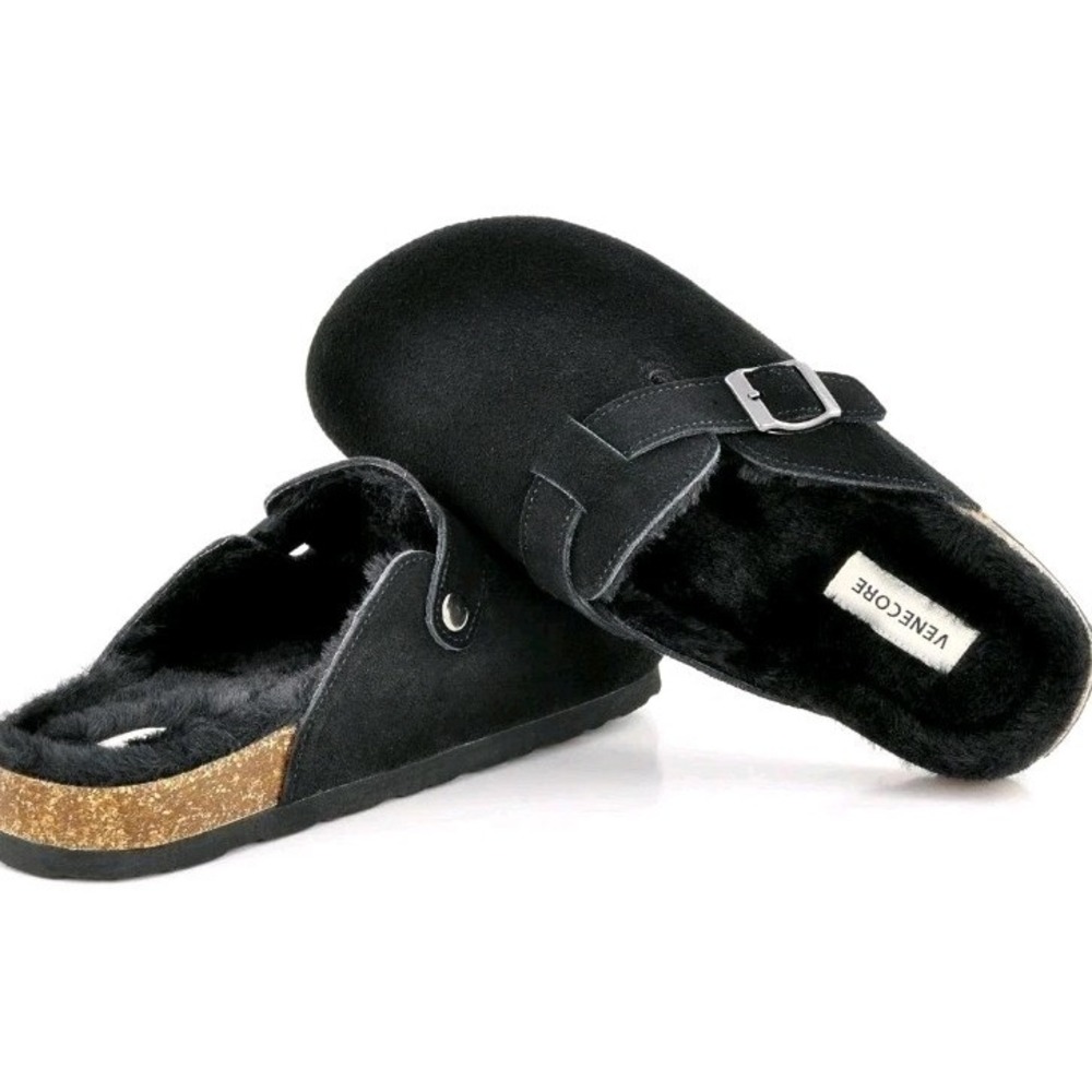 Women's Erica Suede Fur Lined Clog Mule NWOT w Box 7.5 Black Comfort Slip On